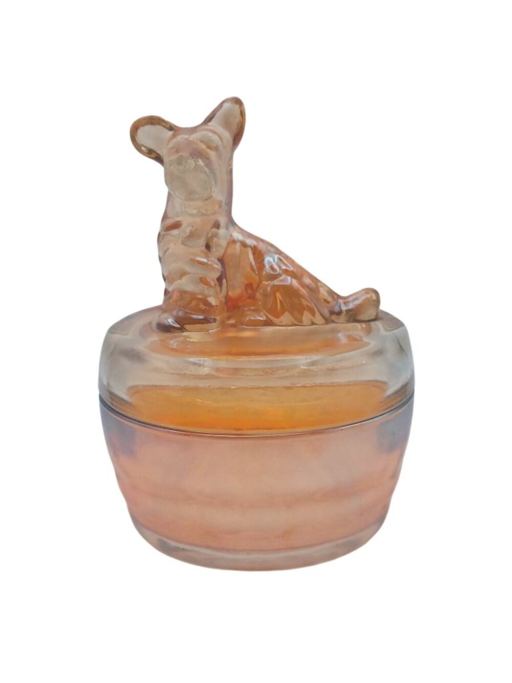 Scottie Dog Jeannette Carnival Glass Vanity Jewelry Trinket Jar Marigold Vintage
